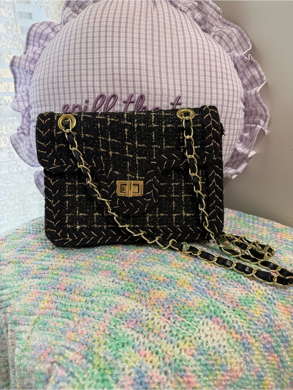 SHEIN Black Tweed Crossbody Bag with Gold Chain